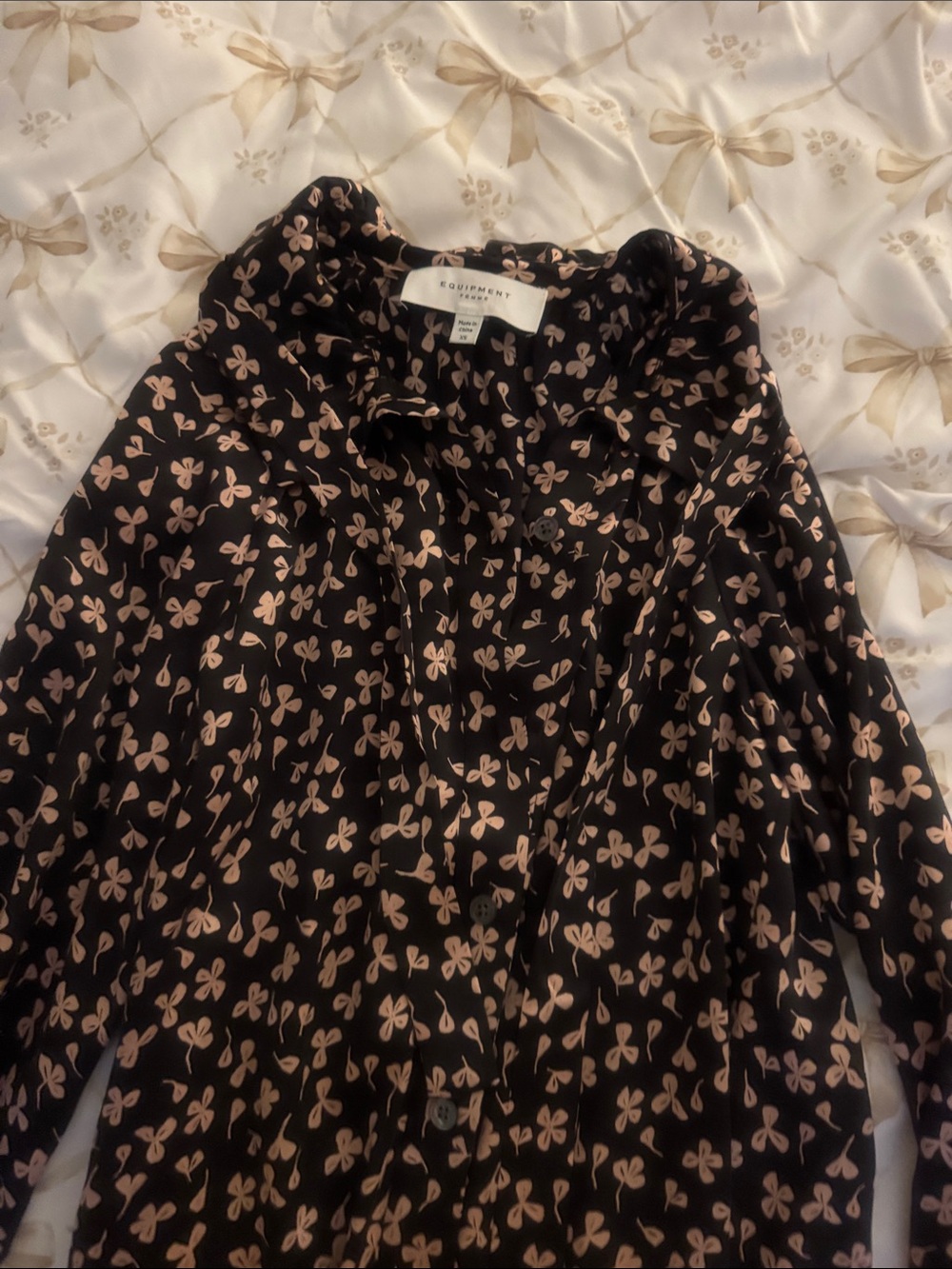 Equipment Black Silk Button-Down with Blush Floral Motif